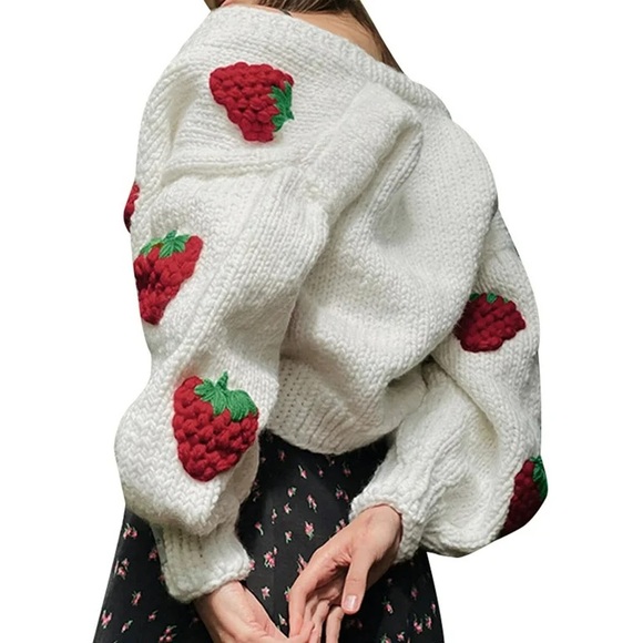 Women Handmade 3D Floral/Strawberry Chunky Knit Cardigan Harajuku Loose Sweater - Picture 2 of 5